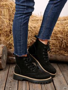 2025 新款女士时尚黑色绒面系带靴，高品质独特，经典黑色百搭，可调节鞋带和鞋底，圆头低跟雪地靴，冬季户外休闲踝靴 - 黑色 - 查看 6