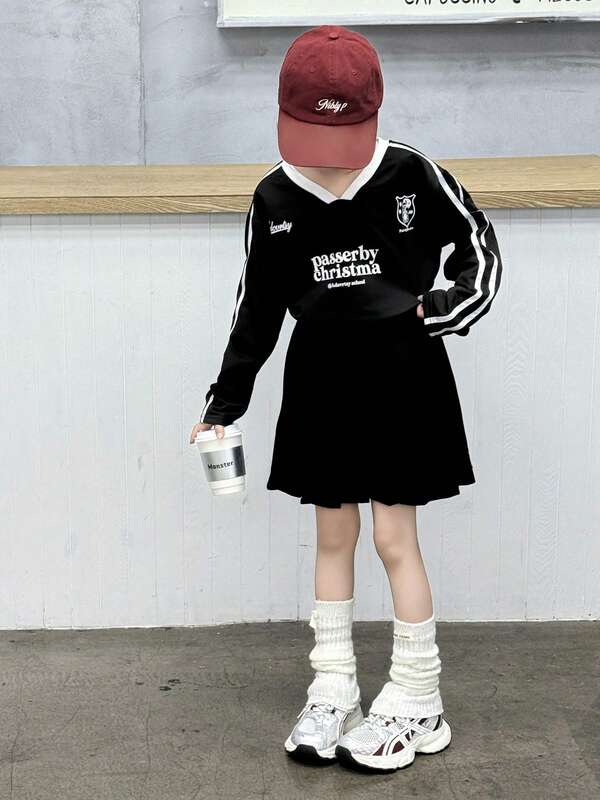 Ensemble Sweat-shirt-shirt à graphique de lettre et jupe plissée pour préadolescentes