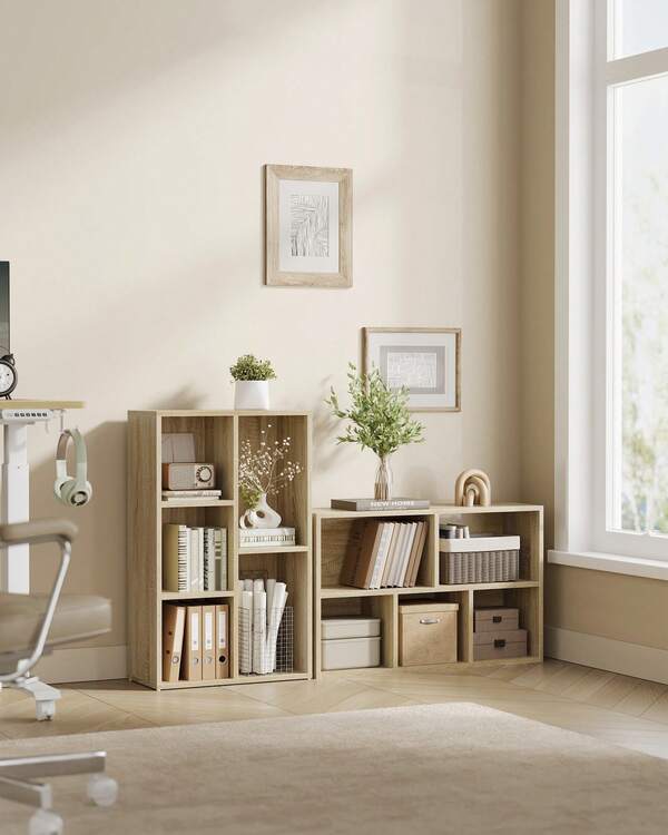 VASAGLE Bibliothèque, Étagère, Meuble de Rangement avec 5 Compartiments, Étagère sur Pied, Bibliothèque Cubique, pour Salon, Bureau, Salle à Manger, Couleur Chêne