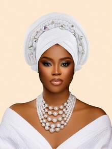1件重工镶钻多层非洲尼日利亚婚礼头巾，适合婚礼、母亲节礼物、睡帽 - 彩色 - 查看 16