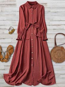 Đầm maxi nữ bằng vải lanh nhăn thoải mái, kiểu dáng thường ngày, cổ bẻ, cài nút, thắt lưng, tay áo dài, thanh lịch cho mùa xuân. - Màu Đỏ Sâu - Xem 1