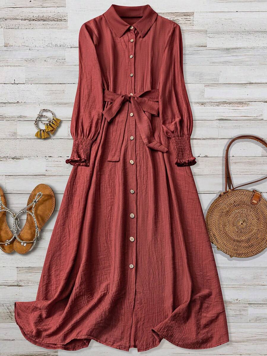 Đầm maxi nữ bằng vải lanh nhăn thoải mái, kiểu dáng thường ngày, cổ bẻ, cài nút, thắt lưng, tay áo dài, thanh lịch cho mùa xuân. - Màu Đỏ Sâu - Xem 1