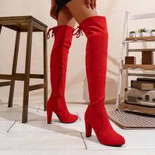 Women's Fashion Suede High Chunky Heel, Over The Knee High Boots With Zipper - Đỏ - Xem 4