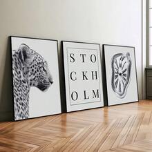 1/3pcs Unframed Black White Stockholm Cheetah Melting Clock Preppy Stylish Poster Leopard Y2K Wall Art Canvas Print Minimalist Fashion Girly Room Chic Aesthetic Decor Funky Painting For Apartment,Living Room,Bedroom,Modern Home Decoration