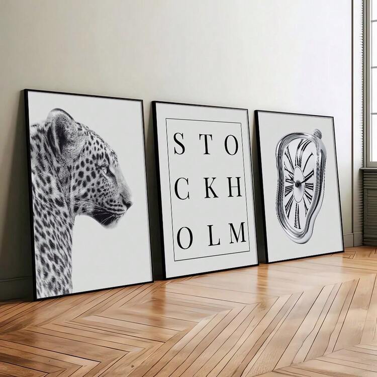 1/3pcs Unframed Black White Stockholm Cheetah Melting Clock Preppy Stylish Poster Leopard Y2K Wall Art Canvas Print Minimalist Fashion Girly Room Chic Aesthetic Decor Funky Painting For Apartment,Living Room,Bedroom,Modern Home Decoration - Multicolor - View 2