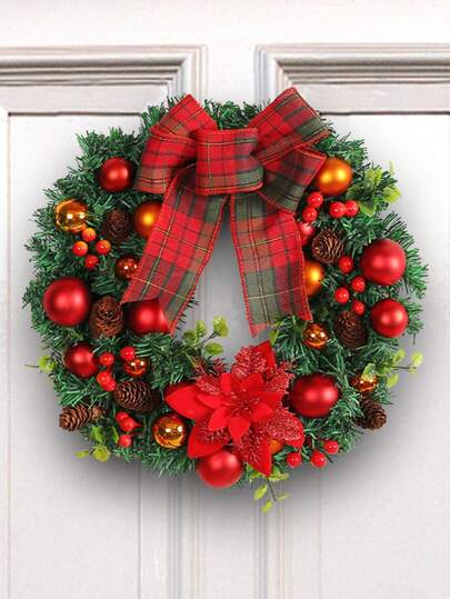 1个15.75英寸红色蝴蝶结圣诞球花环，商场橱窗圣诞装饰挂件，人造花环挂件，充满节日气氛，适合室内派对、客厅、卧室、门窗装饰，家居圣诞装饰，圣诞礼物，圣诞装饰品