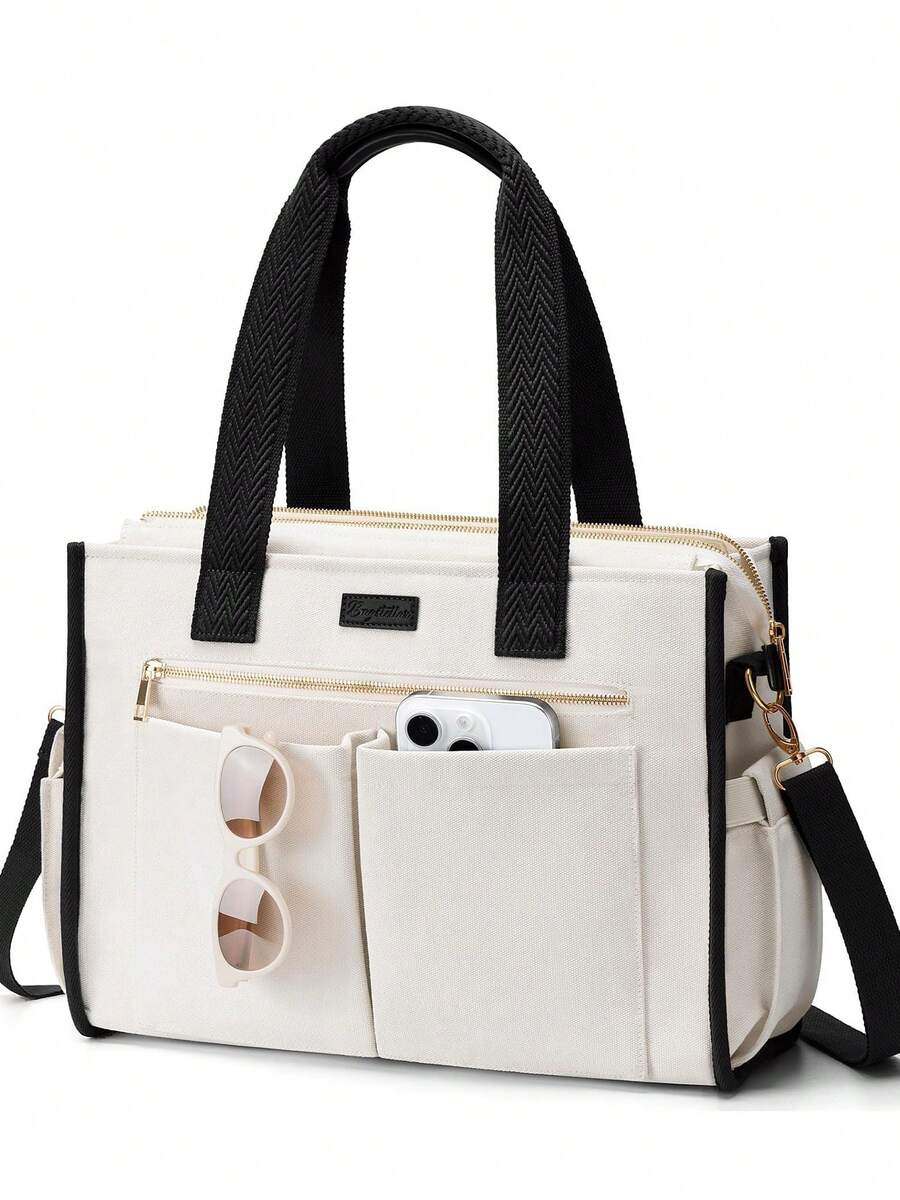 Canvas Tote Bag For Women, 15-Pocket Large Crossbody Handbag Bible Laptop Bag Zipper Bookbag For Teacher Work Travel College - 黑白 - 查看 1