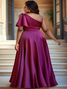 加大码正式紫色优雅斜领缎面长裙