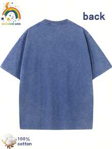 Star Pattern And "" Letter Print Men'S Summer Loose Fit Short Sleeved Washed Vintage 230g Pure Cotton Comfortable Breathable Casual Street Round Neck T-Shirt - Xanh đậm - Xem 2