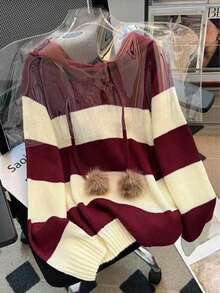 休闲条纹连帽毛绒球套头衫，百搭宽松版型，秋冬 - 酒紅色 - 查看 3