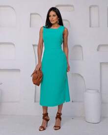 Women's Midi Dress Elegant Casual Buttons Front Simple Button - Turquoise Green - View 1