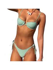 Women's Plaid Print String Bikini Set Green Bikini Swimsuit Plaid Spaghetti Strap Women's Swimwear Low Waist Beach Vacation Wear TikTokShop CyberMonday - 綠色 - 查看 1