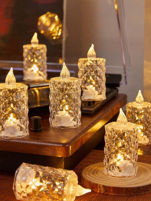 10pcs/5pcs Small Diamond-Shaped LED Candle Lights, Transparent Crystal Candle Lights With Rose Tea Wax, Diamond Pattern Transparent Simulated Crystal Candles, Proposal Atmosphere Lights, For Hotel Dining Table Decor, Wedding Ceremony Candle Holders, Holiday Party Decorations, Outdoor Camping Atmosphere Lights, Christmas Decorations, Home Decor, Bedroom Decor