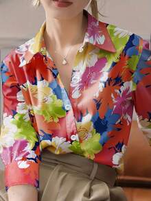 Plus Size Floral & Leaf Print Button Down Shirt - Red - View 5