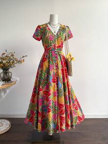 Rusttydustty Đầm maxi nữ cổ chữ V họa tiết hoa nhí, thắt eo, phong cách bohemian, thích hợp mặc đi biển, dự lễ hội âm nhạc, hoặc đi nghỉ mát ở vùng nhiệt đới. - Nhiều màu - Xem 9