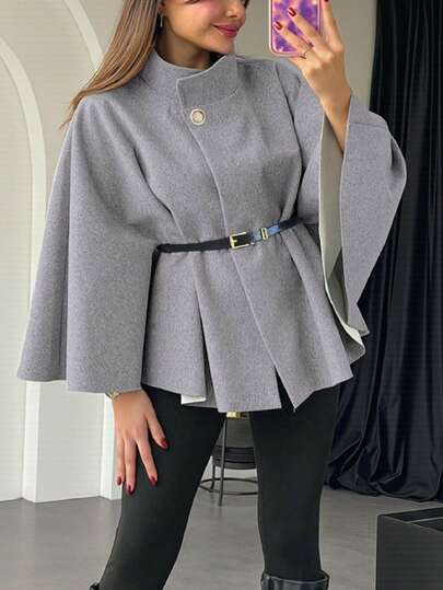 Women's Fashion Elegant Short Sleeve Stand Collar Loose Poncho Coat With Belt, Winter