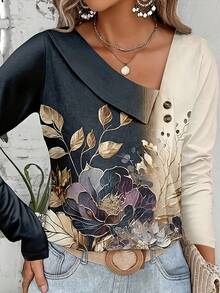 Color Block Gold Floral Print Blouse Women - Asymmetric Collar Long Sleeve Casual Top - 彩色 - 查看 1