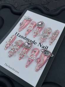 Bộ 10 móng tay giả màu hồng dễ thương mùa hè & thu, móng tay mạ crom, bộ móng acrylic dán kiểu Nhật Y2K, móng dài nhọn mạ crom, bộ móng giả thủ công phủ kín toàn bộ móng với đá và họa tiết trái tim 3D, móng giả màu hồng bóng mạ crom kiểu Punk với dây xích và lớp phủ kim loại, móng dán, thiết kế nghệ thuật móng Gothic, quà tặng ngày Valentine, quà tặng Halloween cho phụ nữ và bé gái - Hồng - Xem 4