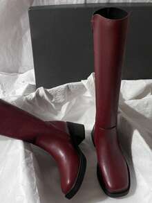 Fall/Winter 2025 New Leather Mid-Heel Over-The-Knee Riding Motorcycle Boots, Simple & Versatile High Shaft Boots For Women - Burgundy - View 3