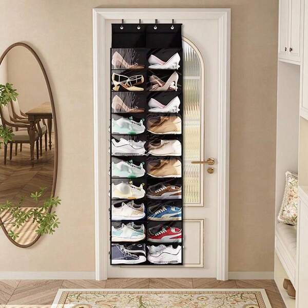 Over The Door Shoe Organizer, Oxford Fabric Hanging Shoe Rack With 20 Large Pockets & 4 Metal Hook, 10 Layers Clear Shoe Holder For Closet Door Storage