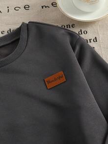 2 Pieces Set: Girls Solid Color Casual Pullover Sweatshirt & Loose Straight Leg Pants, Autumn - Dark Grey - View 3