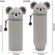 2-In-1 Soft Silicone Bag Kawaii Pencil Case, Desk Pencil Holder, Zipper, Pencil Pouch For Colored Pencils And Markers, Office, University, Cute School Supplies, Animal Pencil Holder, Girls Kawaii Koala - 灰色 - 查看 4
