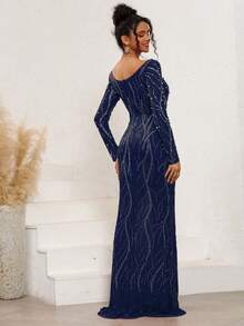 Women's Long Sleeve Embellished With Pearls & Rhinestones Mermaid Shape Empire Waist Maxi Graduation Dress Formal Concert Evening Gown Suitable For Prom,Ball,Birthday,Wedding Events - Navy Blue - View 7