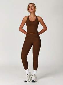 MASKERT "2-Piece Set"Women's Vest Yoga Tight Pants Set, High Stretch Running Sports Set, Comfortable And Skin Friendly - 巧克力棕 - 查看 6