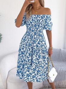 Summer Blue Floral Off Shoulder Midi Dress For Women, Smocked Puff Sleeve A Line Casual Vacation Dress - 藍色 - 查看 1