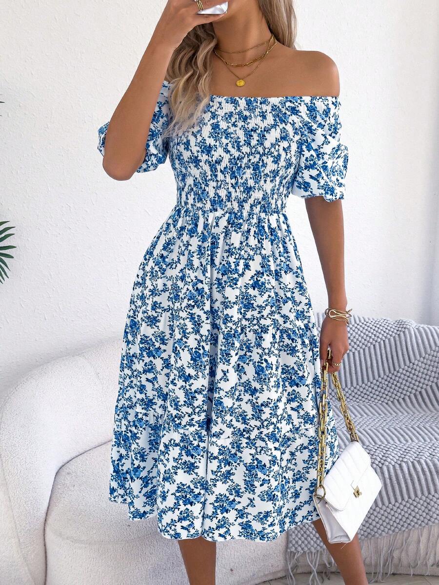 Summer Blue Floral Off Shoulder Midi Dress For Women, Smocked Puff Sleeve A Line Casual Vacation Dress - 藍色 - 查看 1