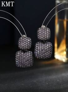 KMT 2pcs Copper Alloy Cubic Zirconia Inlaid Splicing Square High-End Fashion Earrings For Women, Suitable For Party, Daily Wear, And Dating
