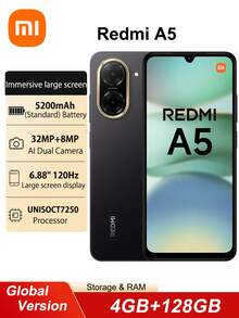 Xiaomi Redmi A5 3GB+64GB 4GB+128GB Wersja globalna Pojemność baterii smartfona 5200mAh 15W Szybkie ładowanie 6,88" Duży ekran Wyświetlacz Dual SIM Android 15 Tylna kamera 32MP