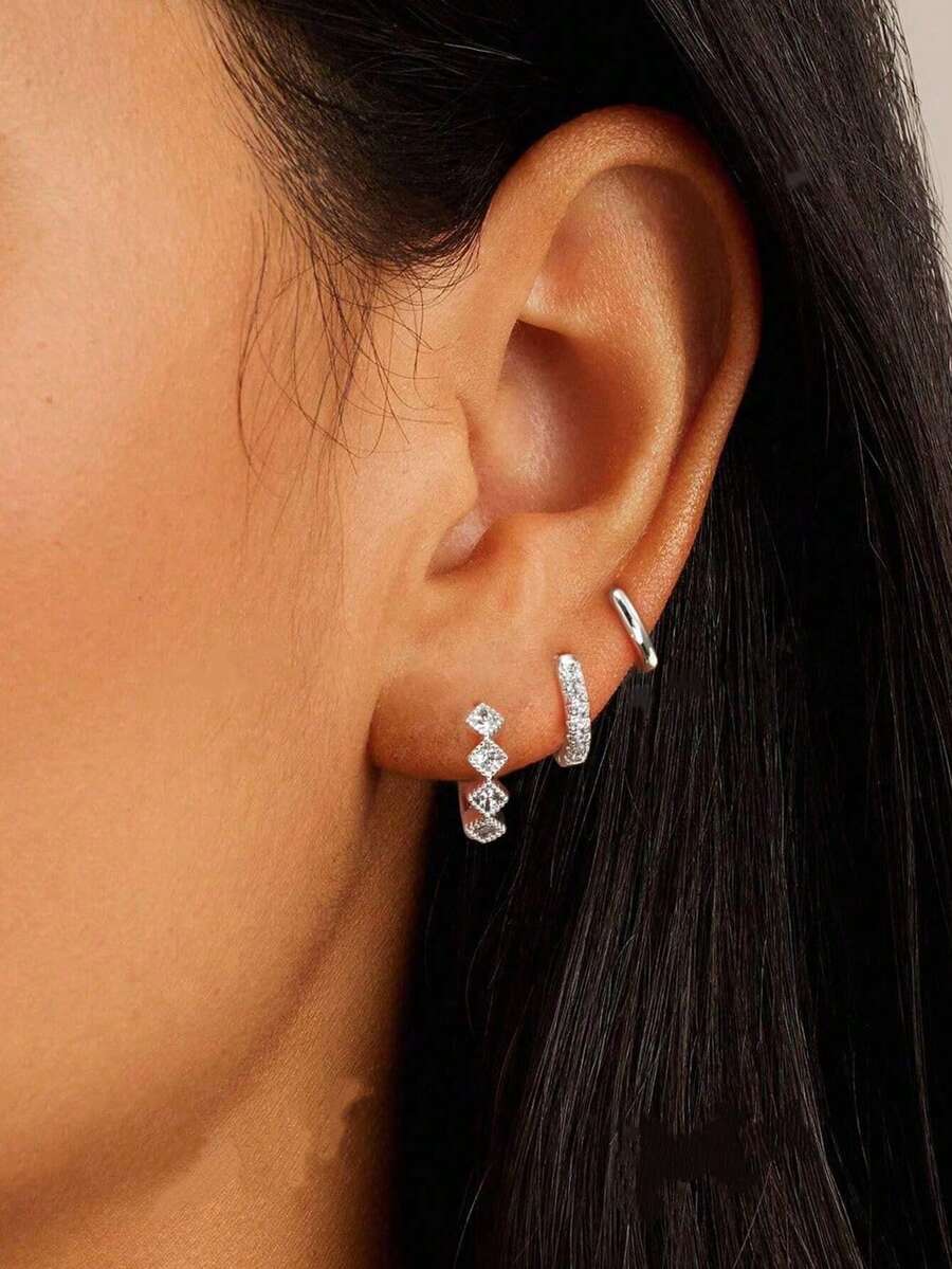 3pcs/Set Minimalist Cubic Zirconia Square Stud Earrings Set, Fashionable & Elegant Women Earrings, Suitable For Daily Wear - Silver - View 1