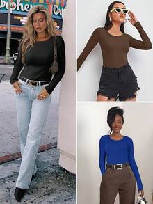 Womens Long Sleeve Crewneck Ribbed Tops Fall Fitted Stretch Casual Basic Shirts 2025 - A-grey - View 6