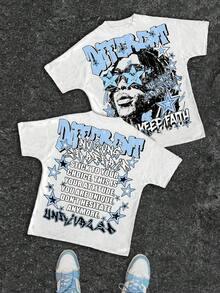 180Gpure CottonSlaydiva Casual Simple Hip-Hop Fingerprint & Portrait Print Loose Round Neck Short Sleeve T-Shirt For WomenGIFT - 多色 2 - 查看 1