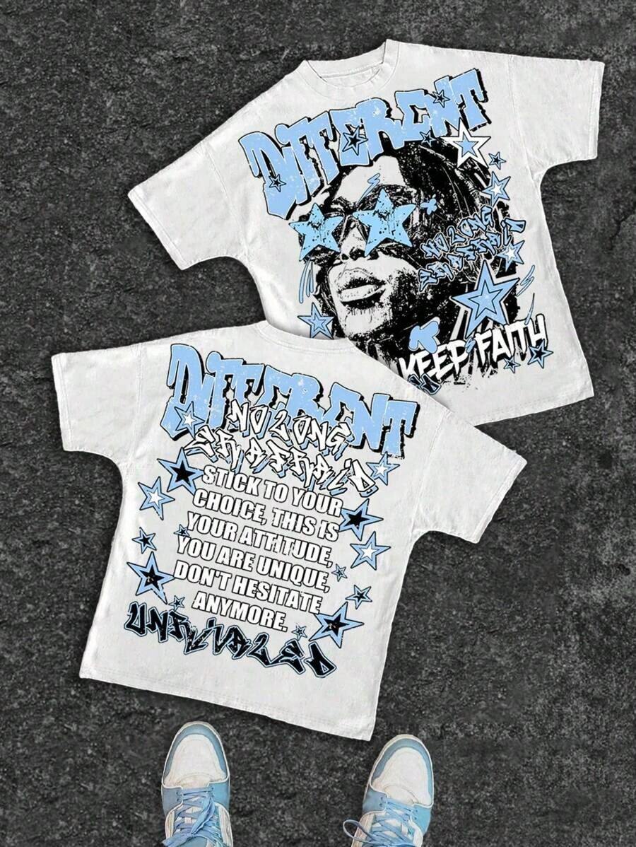 180Gpure CottonSlaydiva Casual Simple Hip-Hop Fingerprint & Portrait Print Loose Round Neck Short Sleeve T-Shirt For WomenGIFT - 多色 2 - 查看 1