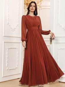 Volly Toych 锈棕色春季优雅A字圆领长袖及地雪纺正式伴娘礼服、婚礼宾客礼服、无衬里袖子 - 鏽棕色 - 查看 7