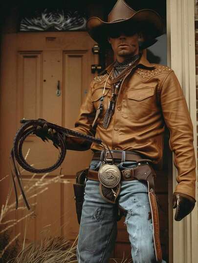 1 remsa västerländsk denimläder brun svart piska - klädtillbehörspiska, lämplig för cowboy cosplay