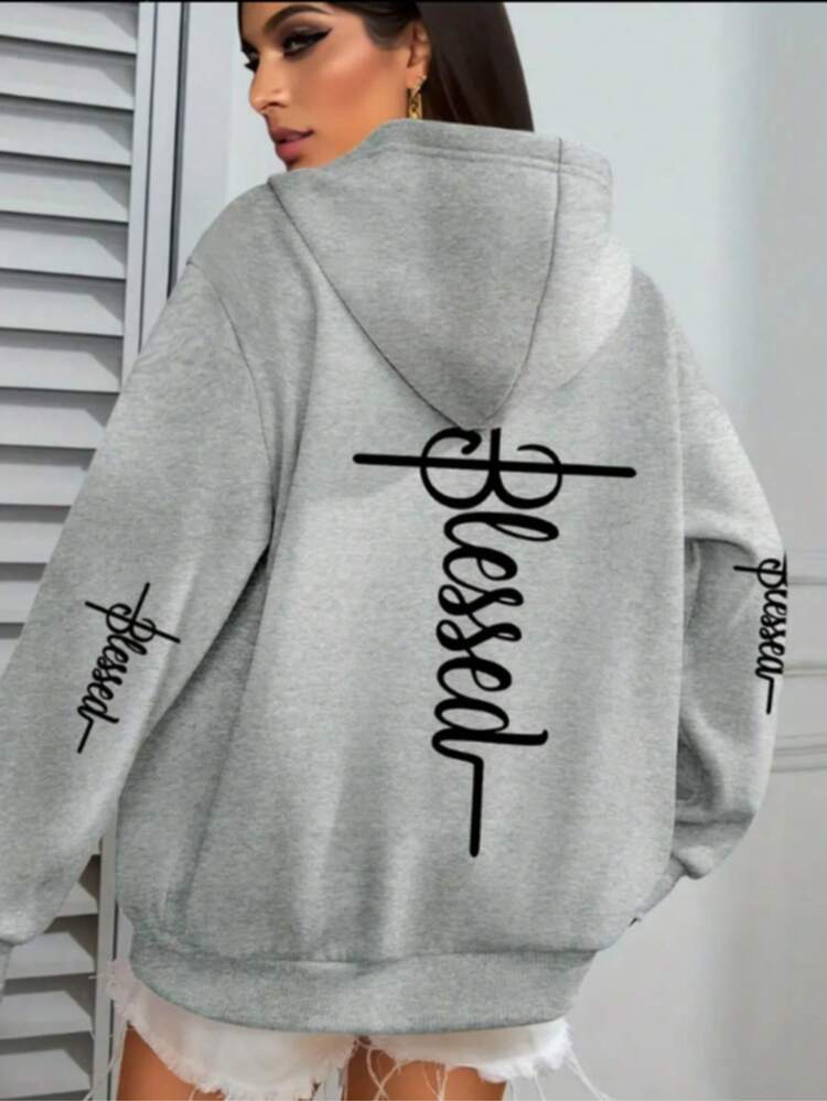 Sudadera con capucha para mujeres con estampado "BENDICIDA" - Pulóver casual de manga larga con bolsillo, tejido de poliéster 100%, ligeramente elástico, sudadera con capucha para otoño/invierno, diseño de patrón de fe. - Gris - Añade 1