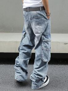 Men's Baggy Denim Cargo Pants Loose Fit Streetwear Wide Leg Workwear Style With Large Side Pockets - 淺色水洗藍 - 查看 5