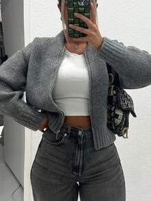 Women's Autumn Casual Solid Color Cropped Knit Cardigan, Long-Sleeve Top Clothing