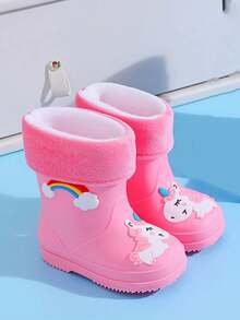 2025 New Children's Mid-Calf Rain Boots, Thick Warm Durable Rubber Boots, Cute Cartoon Plush Fabric High-End Rain Shoes For Boys And Girls, Elementary School Students, Fresh Style Mid-Calf Rain Boots, Sturdy And Waterproof, Anti-Slip