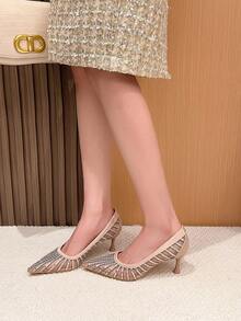Xin Jing Shoes Women's Fashion Versatile Mesh Pointed Toe High Heel Pumps, Suitable For Commuting And Wedding - Khaki - View 7