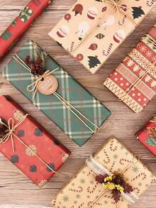 1 张圣诞包装纸，19.69x27.56 英寸，节日礼品包装，带有圣诞树、圣诞老人、驯鹿、雪人图案，经典季节主题设计，适合节日礼品和工艺品 - 綠色1 - 查看 2