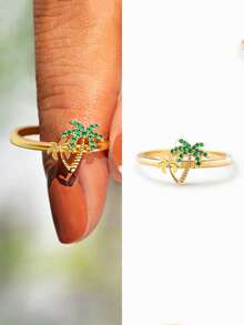 礼盒装夏季度假风格绿色方晶锆石金椰子树戒指，适合海滩装和节日礼物 - 金色 - 查看 2