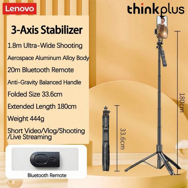 Lenovo H18L Selfie Stick, 1.8m, Aviation-Grade Aluminum Alloy Telescopic Pole, Stabilizing Grip, Anti-Shake Design, Tripod And Handheld Dual Modes, Suitable For Live Streaming And Group Photos, Premium Black Version