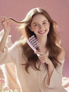 双排波浪齿宽齿卷发梳，内置清洁刷，加长手柄头皮按摩梳，蓬松梳，防静电卷发造型梳，适用于美发沙龙 - 彩色 - 查看 4