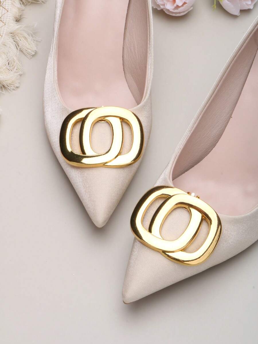 2 件可拆卸 DIY 鞋配件，金属方形扣装饰高跟鞋，时尚优雅鞋夹，适合女士高跟鞋、平底鞋、凉鞋、浅口鞋、新娘鞋、约会鞋、结婚鞋、办公室鞋 - 黑色、白色、杏色、红色、裸色 - 金色 - 查看 1