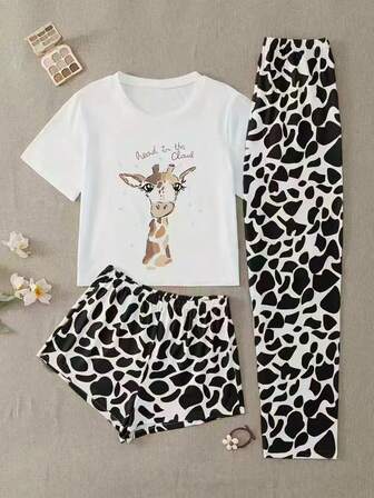 [Giraffe Print Pajama] 3pcs Women's Giraffe Print Pajama Set - Casual Comfy Polyester Blend, Machine Washable Sleepwear