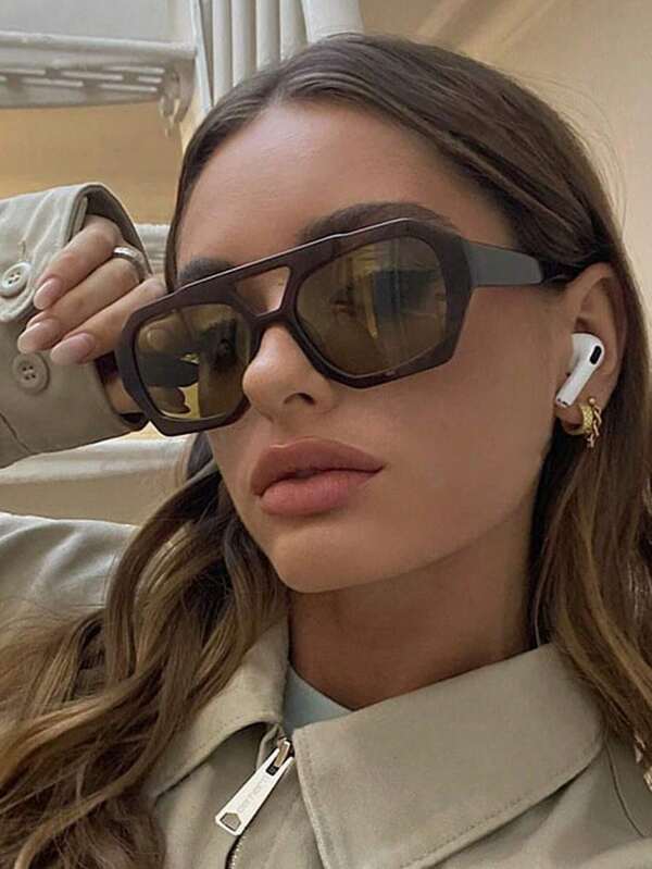 1 par de gafas de moda de mujer con montura de PC poligonal marrón, estilo retro de doble puente, estilo callejero personalizado